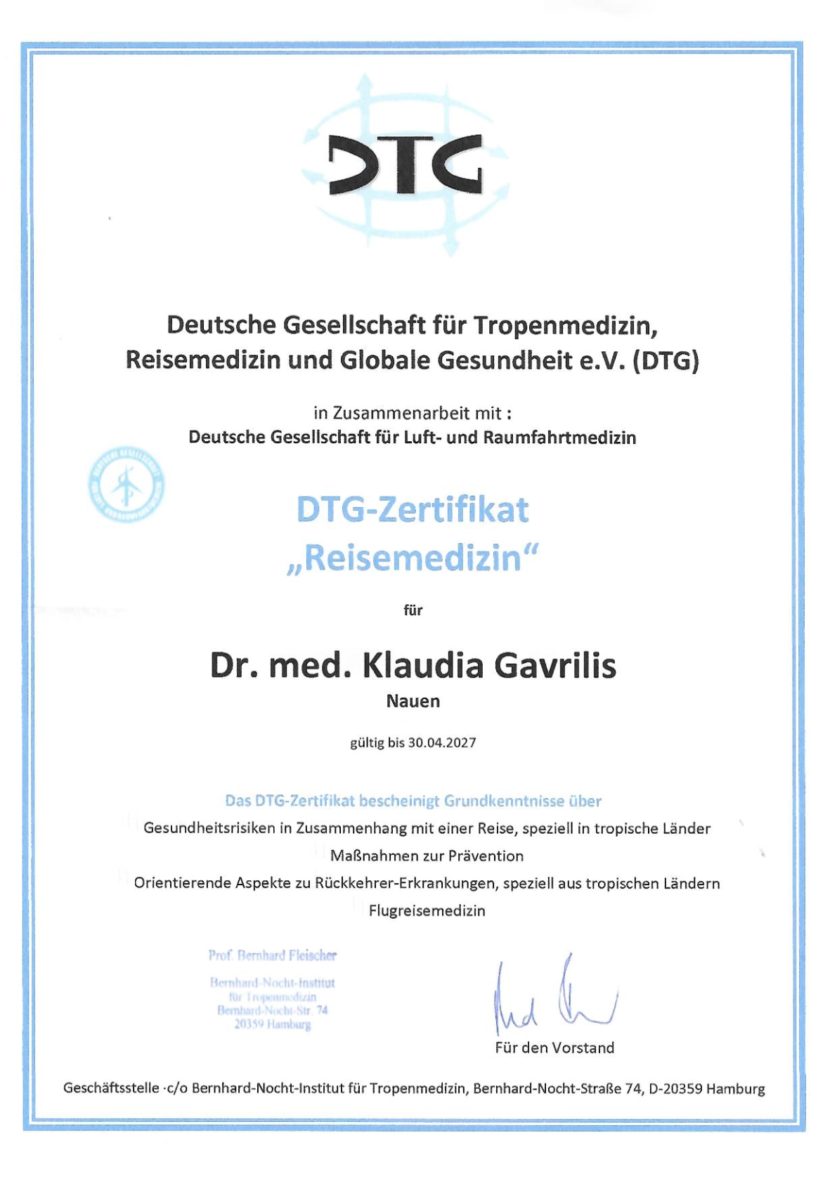 DTG-Zertifikat für „Reisemedizin“
