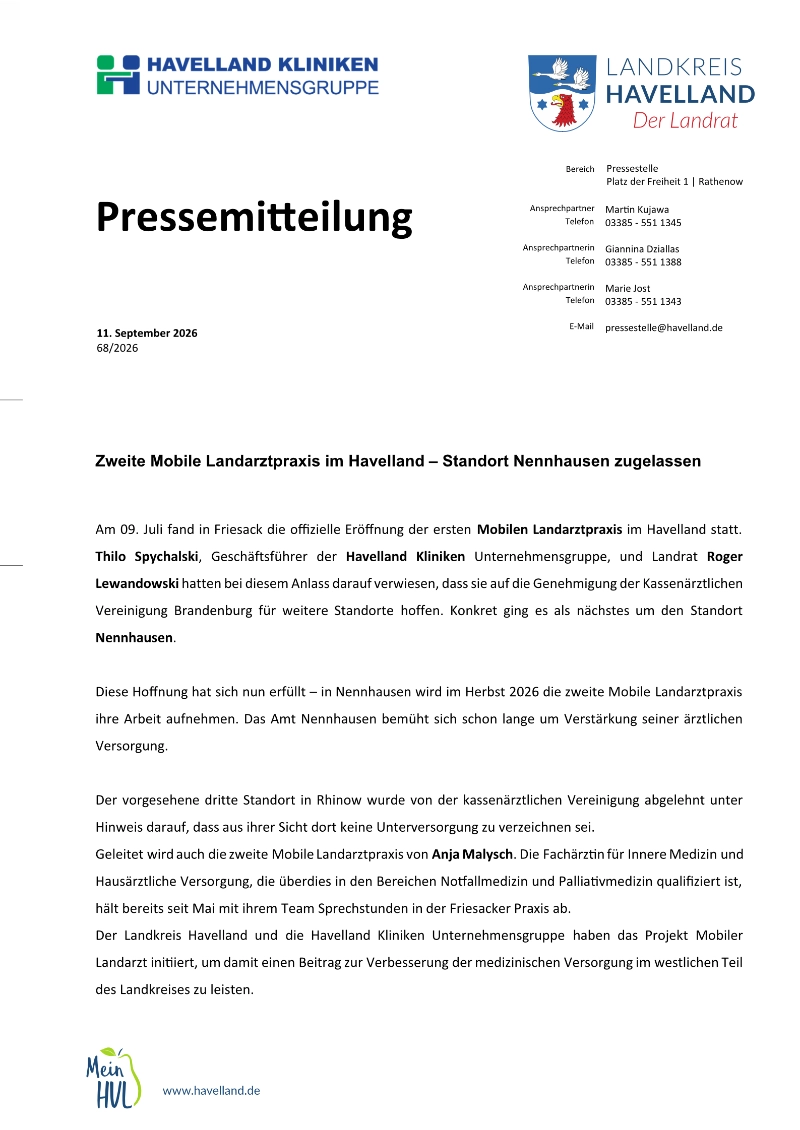 Pressemitteilung Mobile Landarztpraxis in Nennhausen